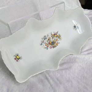Limoges France 11" Serving Platter Bird, Basket, Fruit. Scalloped hand-painted